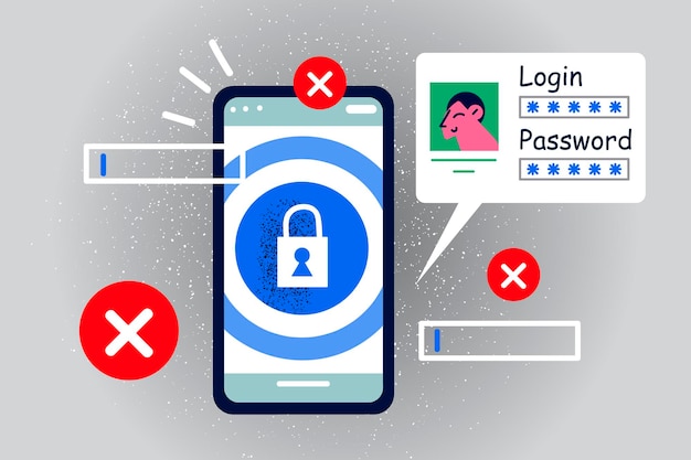 Web個人データの安全性のための画面上のスマートフォンログインとパスワード通知。携帯電話のモバイルデバイスで認証にサインインします。仮想保護、デジタル識別。ベクトルイラスト。