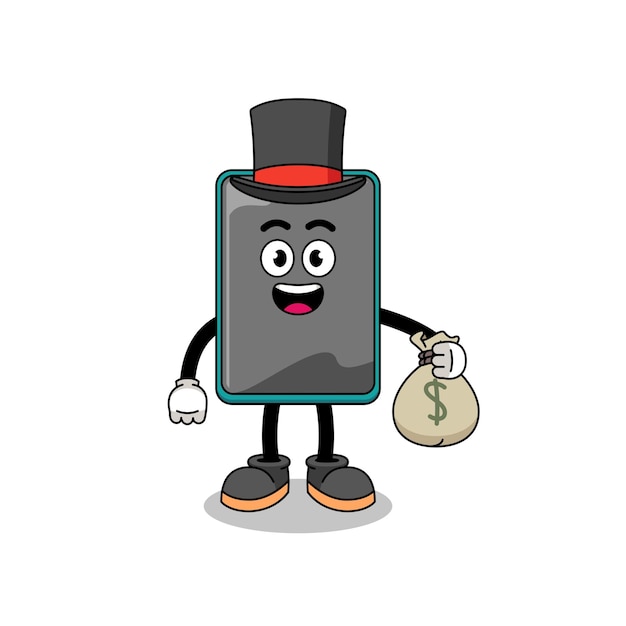 Иллюстрация талисмана смартфона богатый человек с денежным мешком