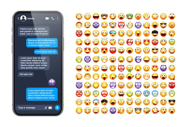 Smartphone messaging app gebruikersinterface met emoji sms tekst frame chat scherm blauwe bericht bubbels