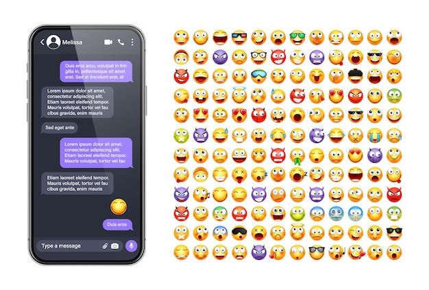 Smartphone messaging app gebruikersinterface met emoji sms tekst frame chat scherm violet bericht bubbels