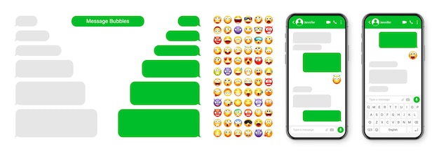 벡터 스마트폰 메시징 앱 사용자 인터페이스 디자인: 이모지, sms 텍스트 프레임, 채팅 스크린, 녹색