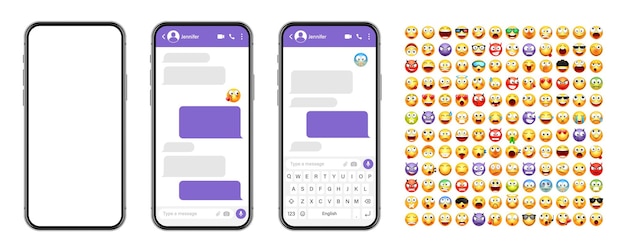 Vector smartphone messaging app user interface design with emoji sms text frame chat screen with violet