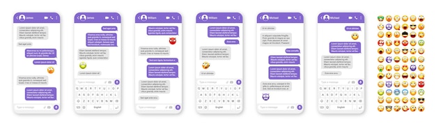 벡터 스마트폰 메시징 앱 사용자 인터페이스 디자인: 이모지, 문자 프레임, 채팅 스크린, 보라색