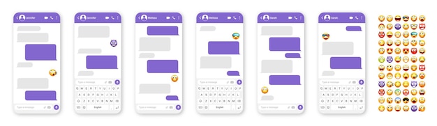 Vettore design dell'interfaccia utente dell'app di messaggistica per smartphone con emoji sms text frame chat screen con viola