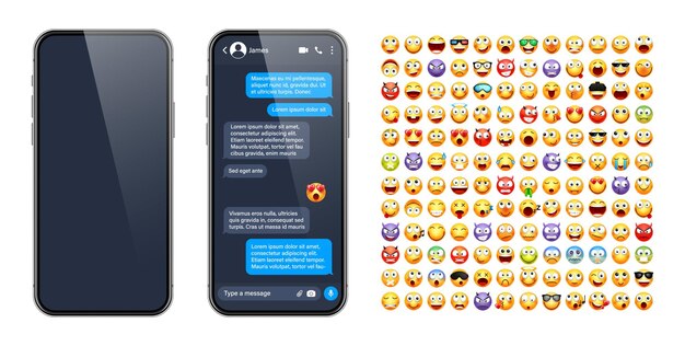 Smartphone messaging app user interface with emoji sms text frame chat screen blue message bubbles