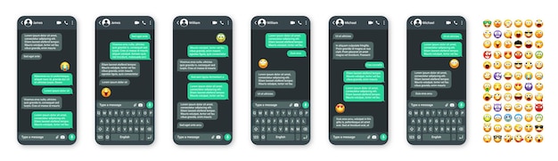 Пользовательский интерфейс приложения для обмена сообщениями для смартфонов с emoji sms текстовой рамкой чат-экрана зеленых пузырьков сообщений