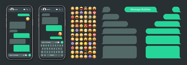 Вектор Пользовательский интерфейс приложения для обмена сообщениями для смартфонов с emoji sms текстовой рамкой чат-экрана зеленых пузырьков сообщений