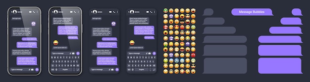 ベクトル スマートフォンメッセージングアプリのユーザーインターフェイスで ⁇ エモジー ⁇ smsテキストフレーム ⁇ チャット画面 ⁇ 紫色のメッセージバブル ⁇