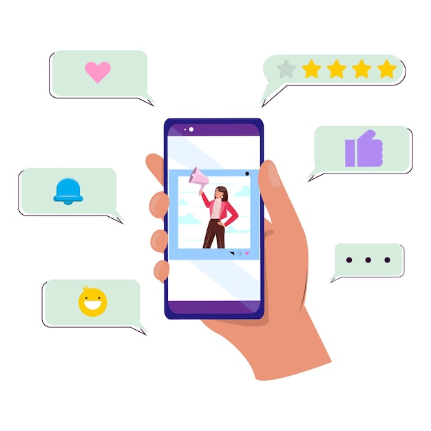 Smartphone met een social media-post van een vrouw met een megafoon