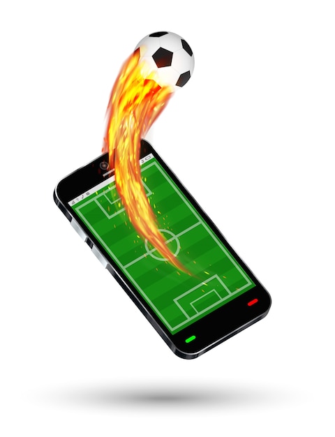 Smartphone met een voetbalveld en een brandend voetbal