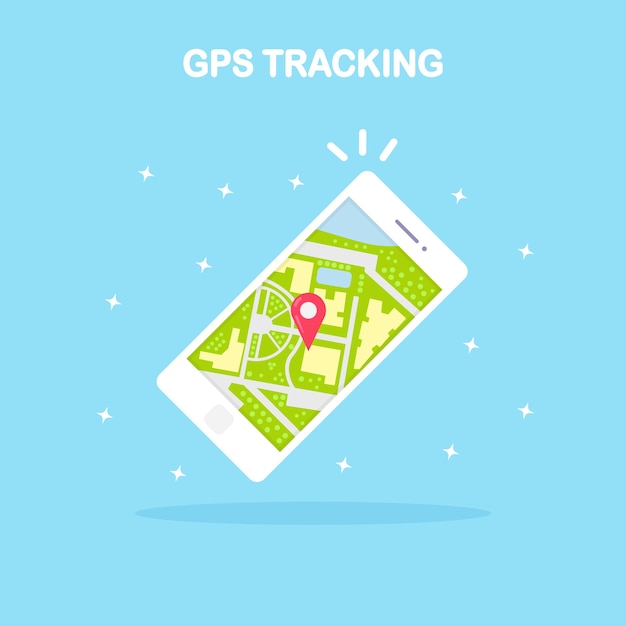 Vector smartphone met gps-navigatie-app-tracking witte mobiele telefoon met kaarttoepassingsteken