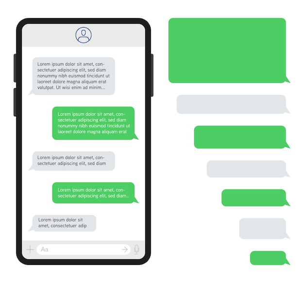 Smartphone met messenger-chat op het scherm Sjabloon van groene en grijze berichtbellen VectorillustratiexA