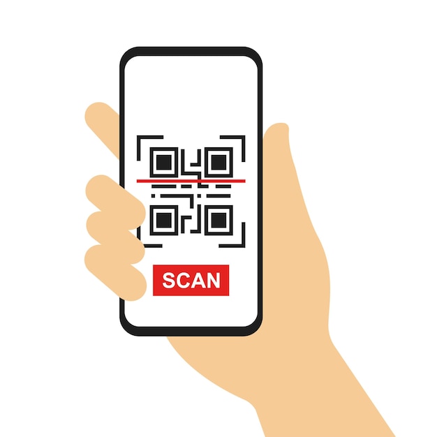 Vector smartphone met qr-code in de hand scan qr-code barcode qrcode scannen van mobiele telefoon