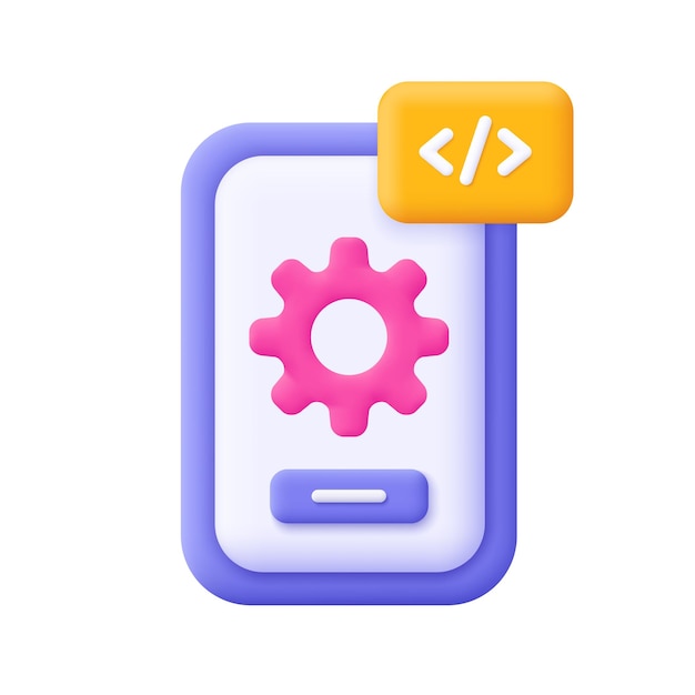 Smartphone met uitrusting en code Smartphone-instellingen en hulpmiddelen 3D-vectorpictogram Cartoon minimale stijl