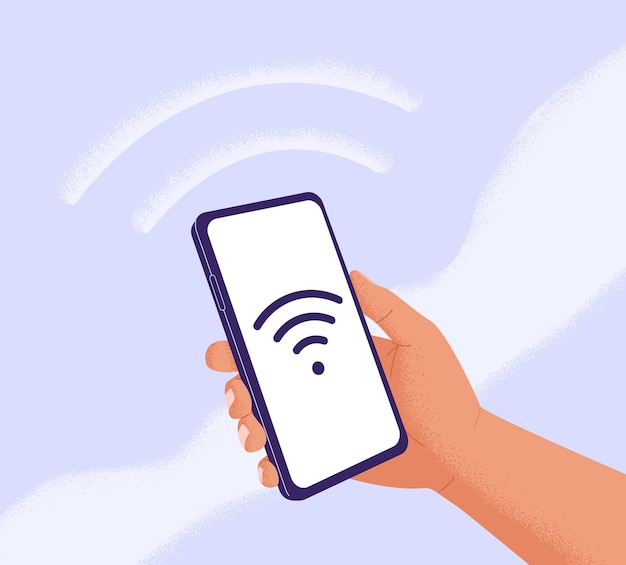 Smartphone met Wi-Fi-symbool op het scherm Mobiele telefoon in de hand op zoek naar beschikbare WIFI-verbinding Draadloos internetconcept Gratis toegang tot hotspot via telefoon Platte vectorillustratie