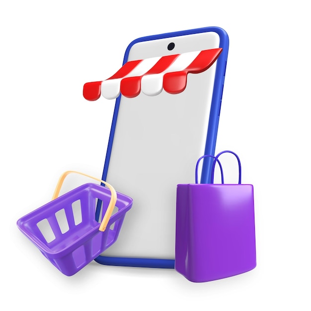 Smartphone met winkelluifel Store luifel op mockup voor mobiele telefoon Realistische vectorillustratie van telefoonwinkelwagentje en pakketten