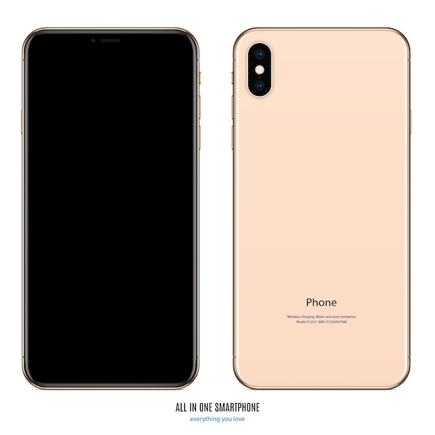 Smartphone mockup colore oro con schermo nero anteriore e posteriore su sfondo bianco