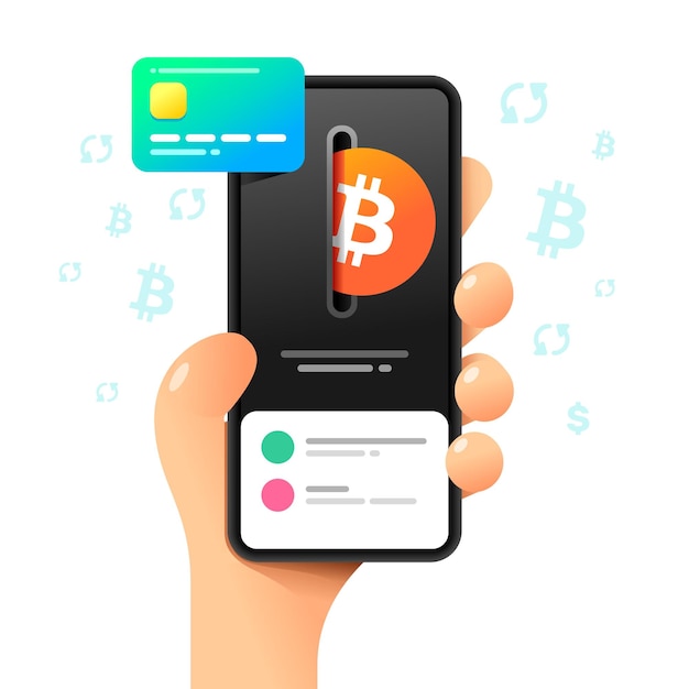 Smartphone mockup in mano umana acquisto di bitcoin con carta di credito illustrazione di criptovaluta