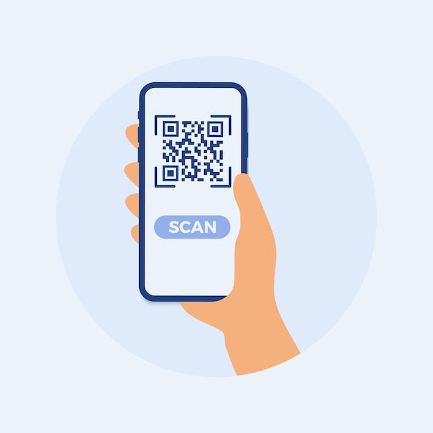 Smartphone mockup in human hand scan qr code vector flat colorful technology illustration