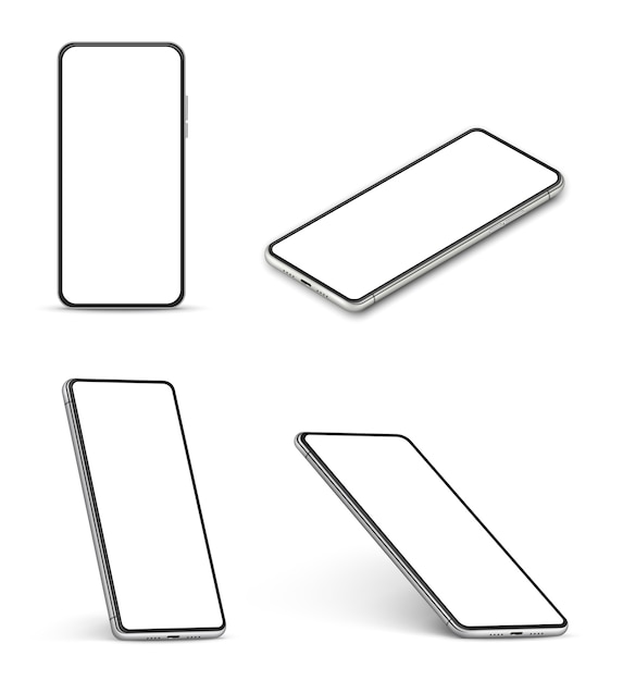スマートフォンのモックアップ。空白の白い画面、さまざまな角度の現代の携帯電話と現実的な携帯電話ベクトル3d分離セット