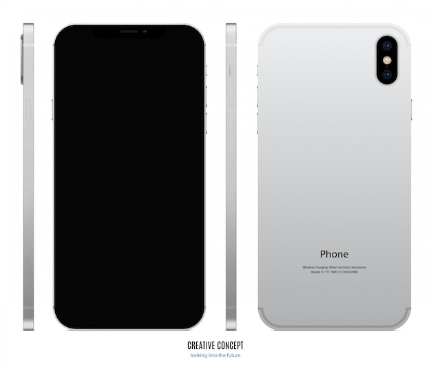 Smartphone mockup in silver color with black screen view front, back and side