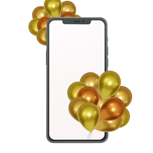 Mockup di smartphone con arrangiamenti di palloncini dorati