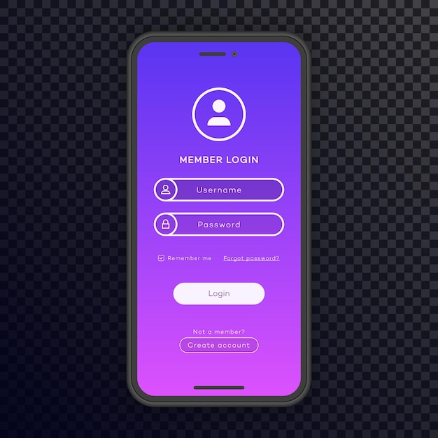 Vector smartphone mockup with login form page trendy background for website ui elements app development smartphone mockups online registration user profile access to account concept vector 10 eps