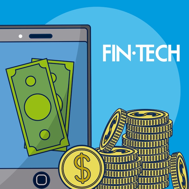 Progettazione grafica dell'illustrazione di vettore di tecnologia finanziaria dei soldi e dello smartphone