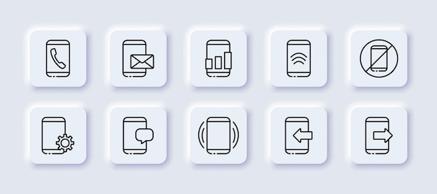 スマートフォン ネオモーフィック ライン アイコン 電話 コミュニケーション 対話 ビジネス 会話 チャット アプリケーション 金融 仕事 コール センター 銀行 テクノロジー コンセプト ベクトル ネオモルフィック ライン アイコン セット