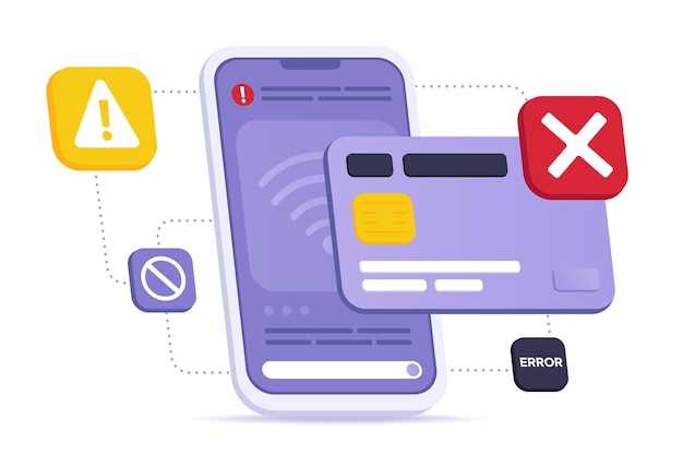 Vector smartphone nfc-technologie betalingsfout contactloos betalen geweigerd betalingsprobleemconcept