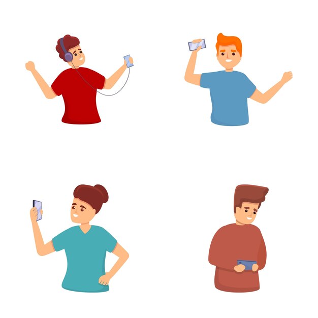 Smartphone obsession icons set cartoon vector Guy and girl use smartphone