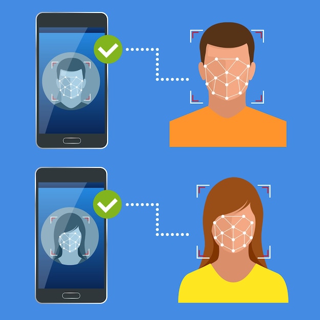 Smartphone ontgrendelen met biometrische gezichtsidentificatie, biometrische identificatie, systeemconcept voor gezichtsherkenning. Vectorillustratie voor zaken, infographic, banner.