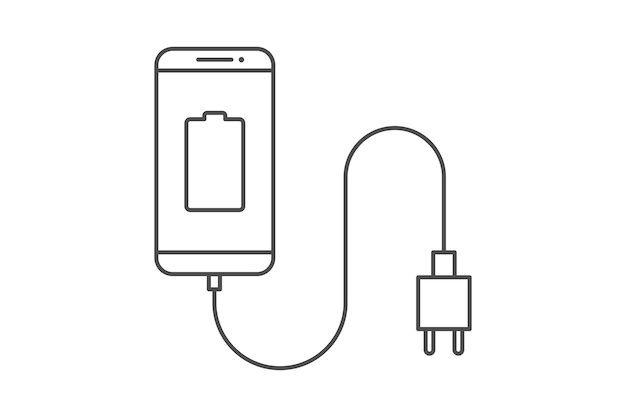 Smartphone oplader adapter lijn pictogram teken symbool vector smartphone stopcontact adapter bijna lege batterij melding