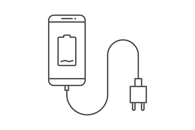 Smartphone oplader adapter lijn pictogram teken symbool vector smartphone stopcontact adapter bijna lege batterij melding