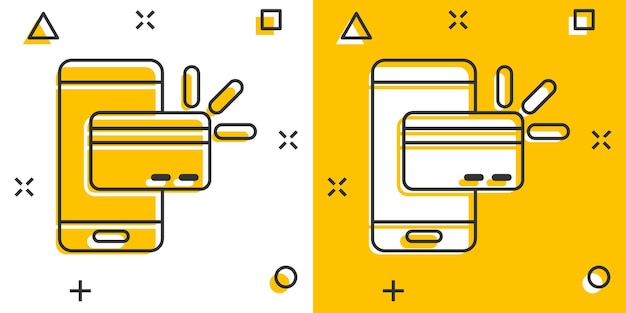 Иконка оплаты смартфоном в комическом стиле Nfc кредитная карта мультипликационная векторная иллюстрация на белом изолированном фоне Банковский эффект всплеска бизнес-концепция