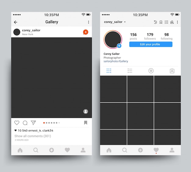 Instagramのテンプレートに触発されたモバイルアプリケーションのスマートフォンフォトフレーム表示。