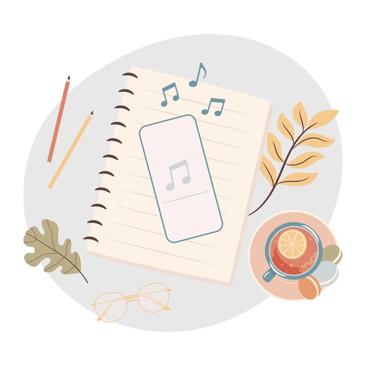 Vector smartphone playing music break time cozy autumn working days concept