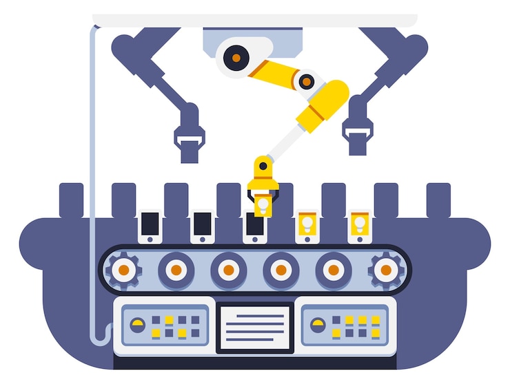 Vector smartphone production line on automatic manufacture with robotic arm working