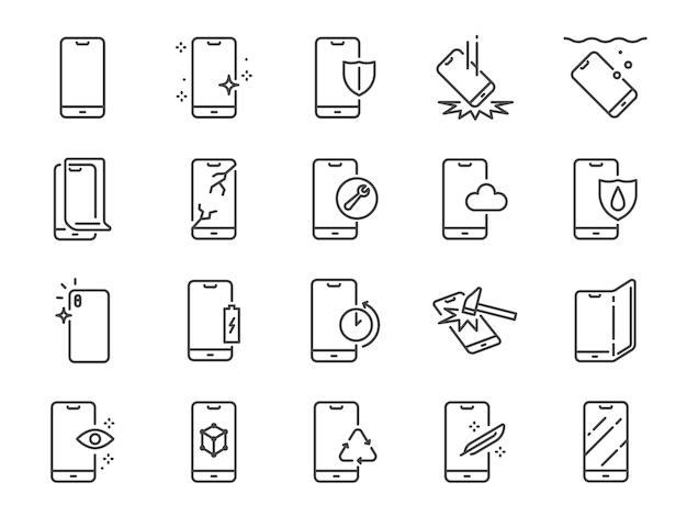 Vector smartphone protection line icon set.