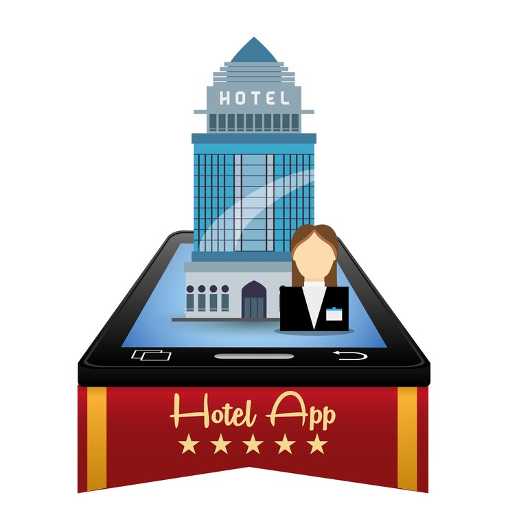 Vector smartphone receptionist and hotel with digital apps design