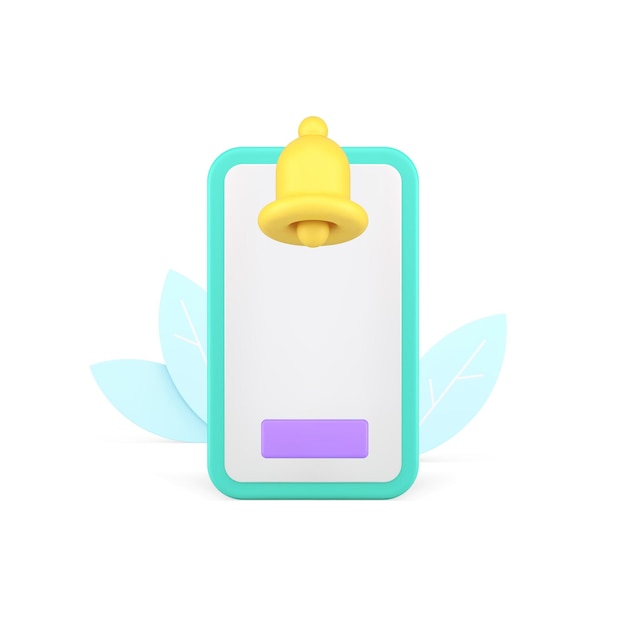 Vector smartphone reminder alert empty screen button ring bell 3d icon realistic vector illustration