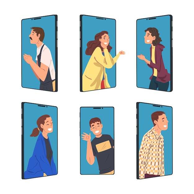 Smartphone-scherm met mensen Character Communiceren met elkaar online via Internet Vector Set