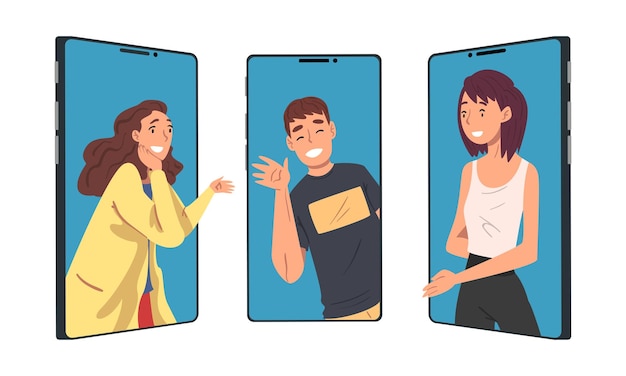 Smartphone scherm met mensen personage communiceren met elkaar online via internet vector set