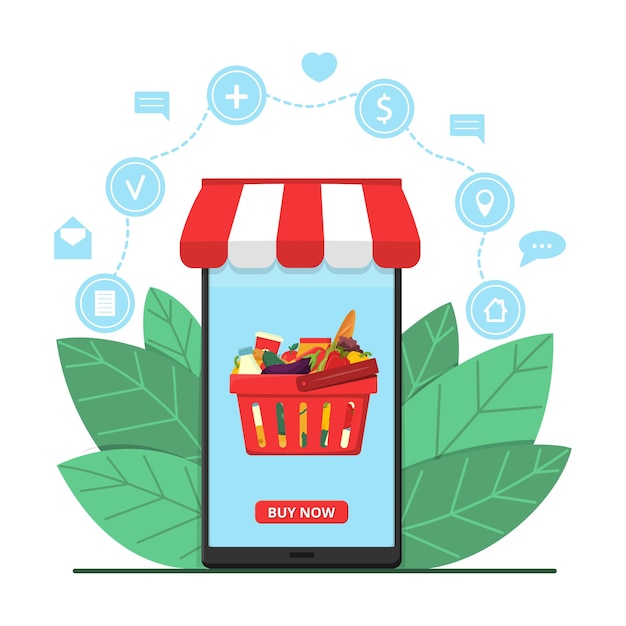 Smartphone-scherm met online winkel met etensmand