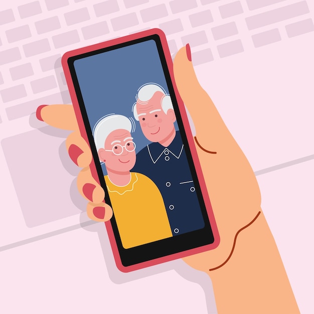 On the smartphone screen grandma and grandpa