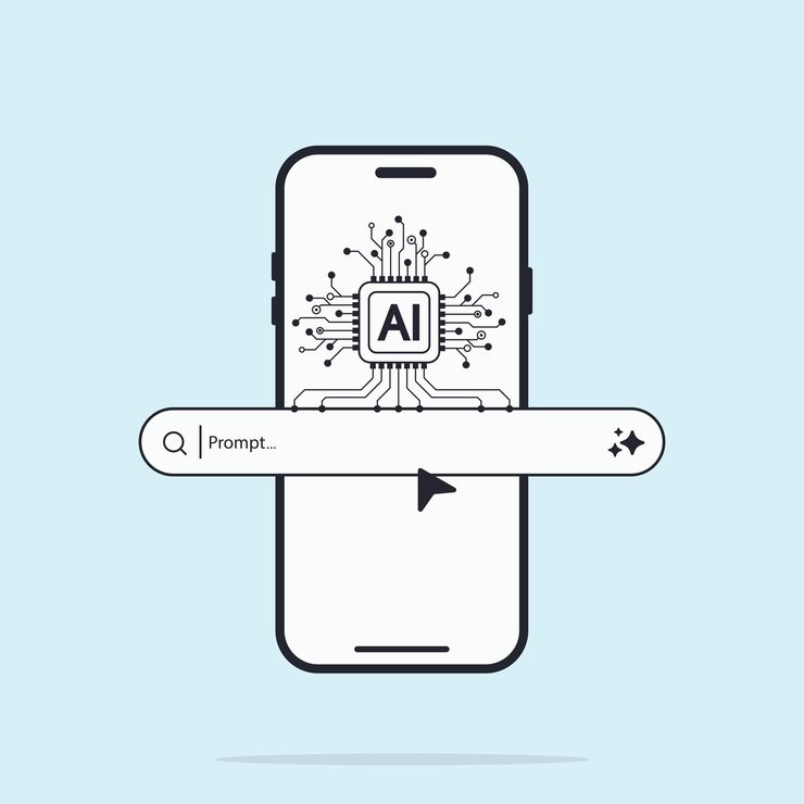 Vector smartphone screen with chip processor and ai generative bar ai assistant concept of artificial intelligence input prompt as commands for analyzing data and generating idea vector illustration