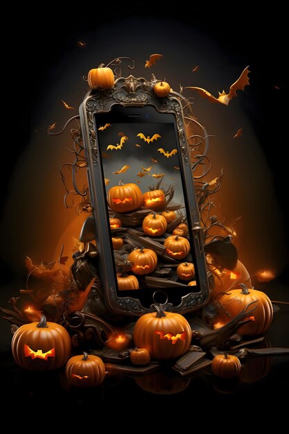 Vector smartphone screen with dark jackolanterns bats on a dark background halloween