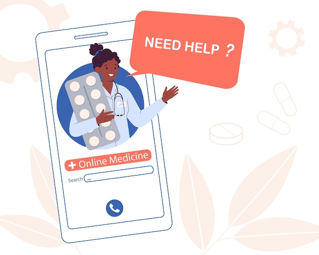 Vector smartphone screen with female doctor africanamerican text in speech bubble need help