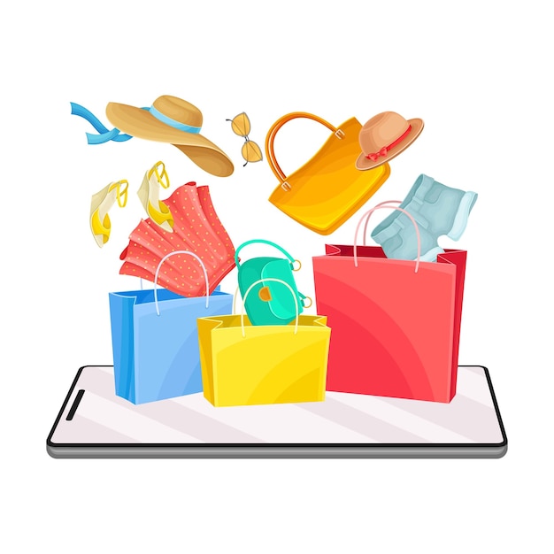 Вектор Экран смартфона с приложением для онлайн-магазина и предметами одежды в сумках для покупок векторная иллюстрация