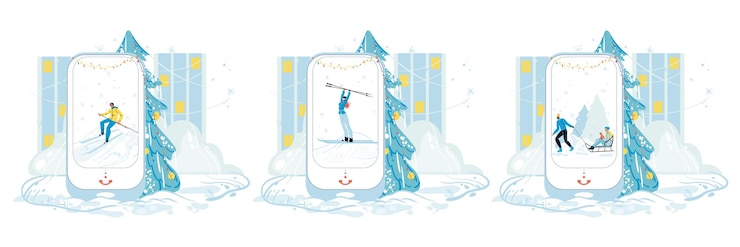Vector smartphone screen with people skiing and sledding